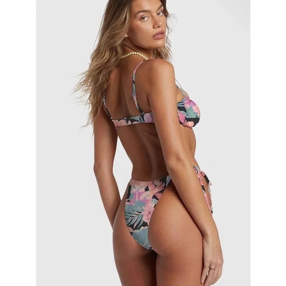 Billabong Women Nights in Paradise Side-Tie Skimpy Bikini Bottoms, Multi, L, NWT